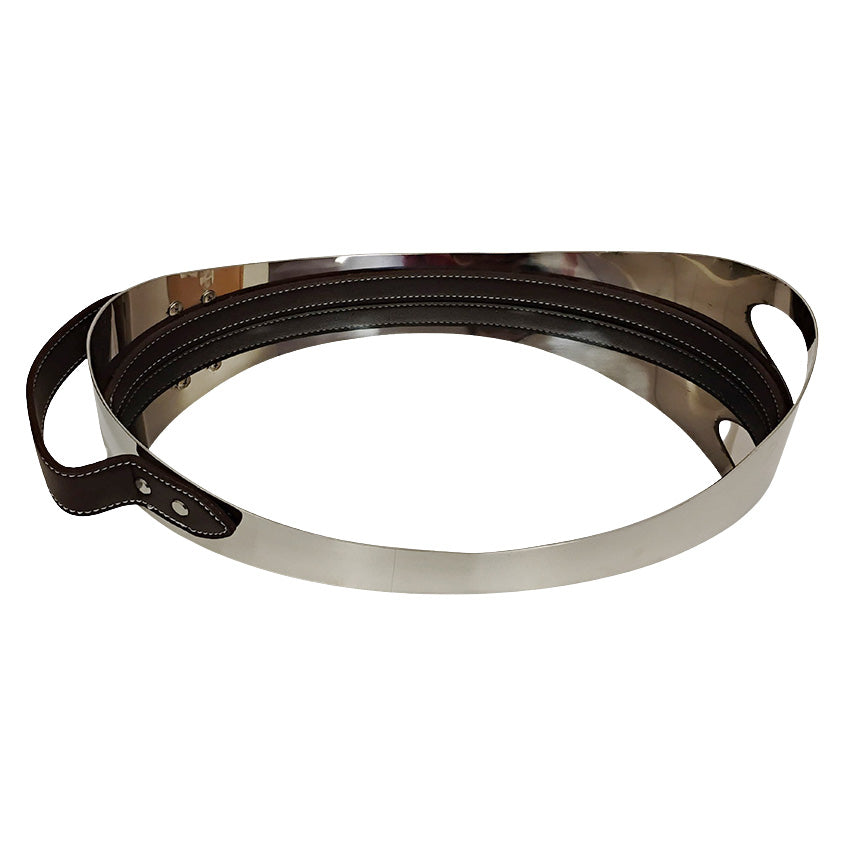Bandeja em Aço Inoxidável Prata com Detalhe Couro Marrom
