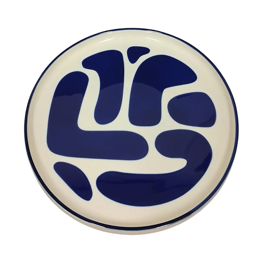 Bandeja em Cerâmica Redonda Branco e Azul