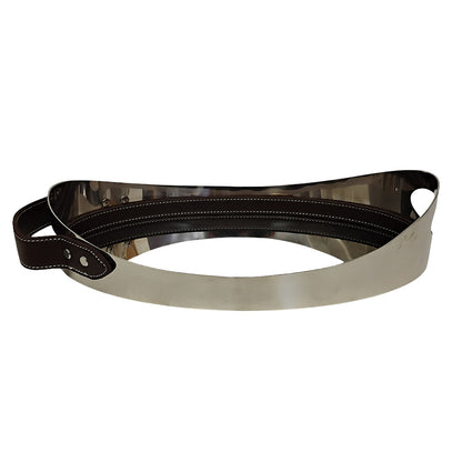 Bandeja em Aço Inoxidável Prata com Detalhe Couro Marrom