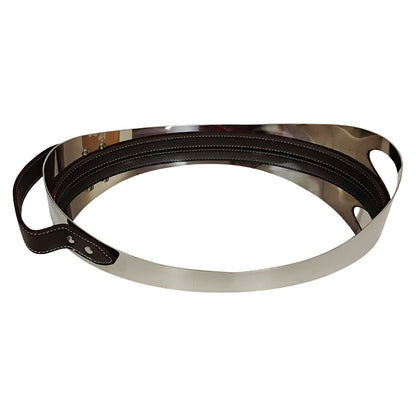 Bandeja em Aço Inoxidável Prata com Detalhe Couro Marrom