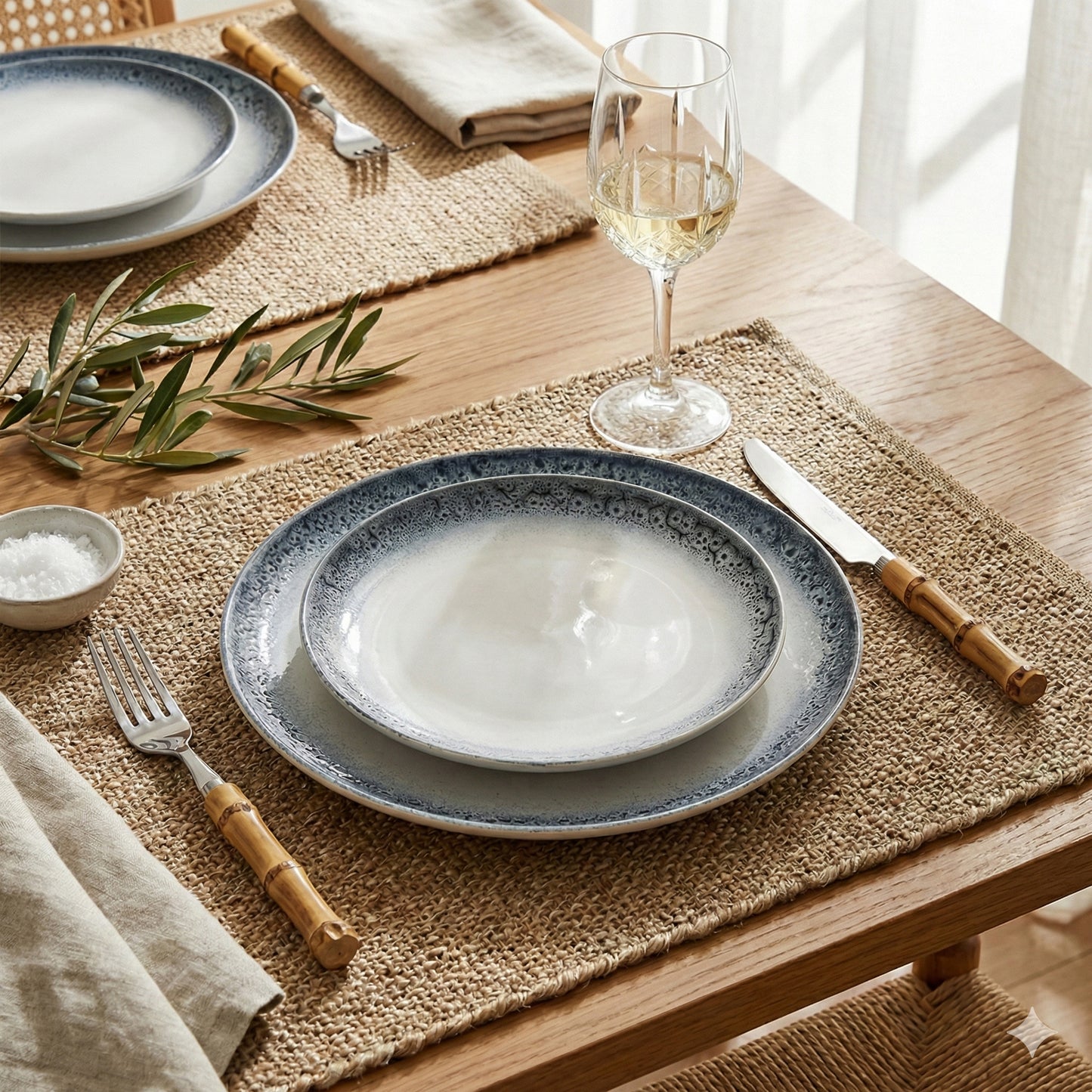 Conjunto de 6 Pratos em Porcelana Branco e Azul